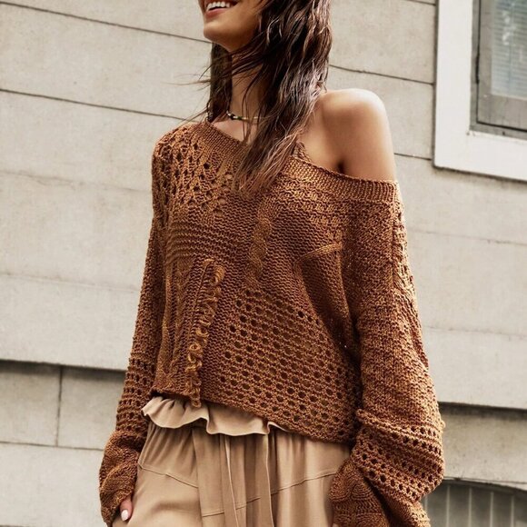 Brown Casual Women's Loose Fit Boat Neck Vacation Sweater - Picture 2 of 8